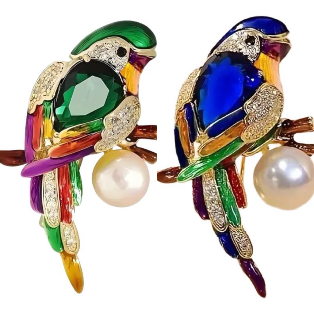 Luxury Parrot Brooch Pin, Rhinestone Crystal With Pearl, Gemstone Bird Design